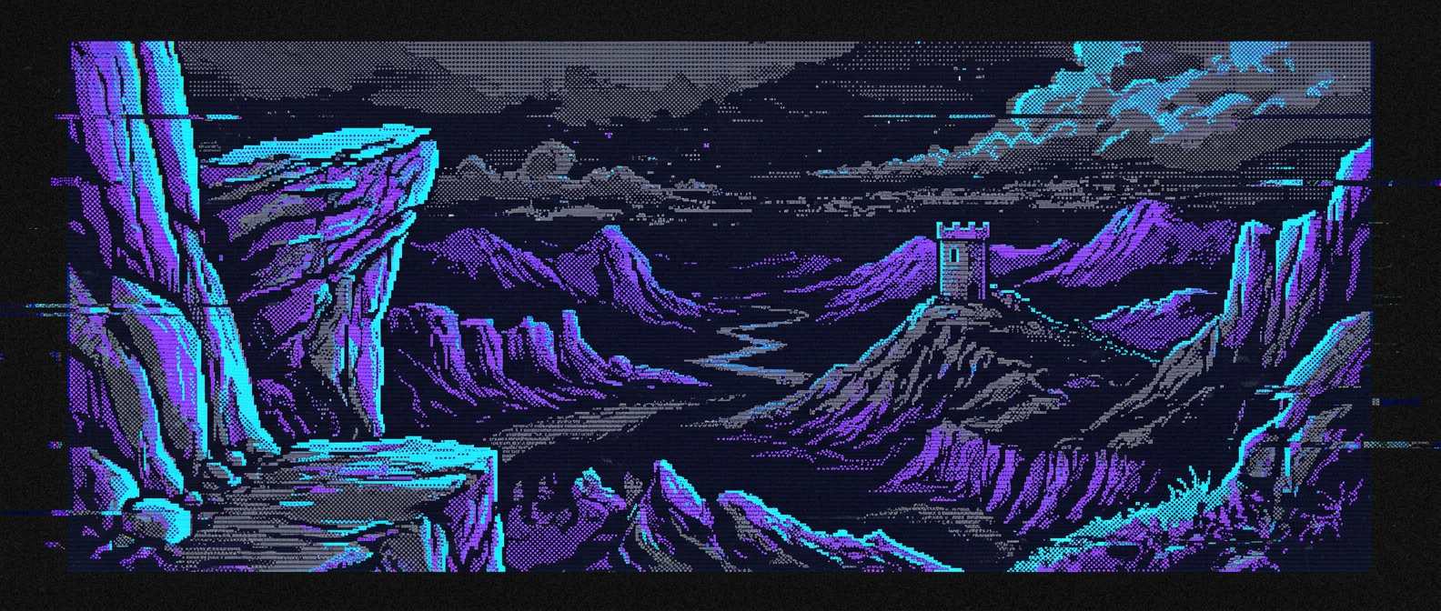 Dithered pixel illustration of a rocky valley with a small stone tower, in blue and violet